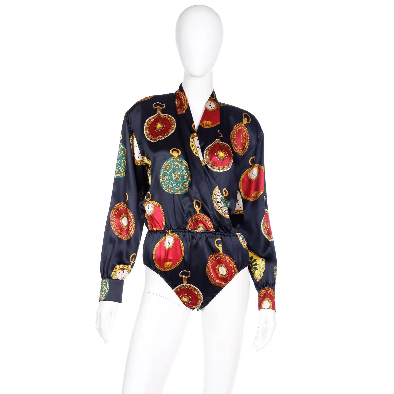 1980s Escada by Margaretha Ley Silk Pocket Watch Novelty Print Bodysuit Blouse