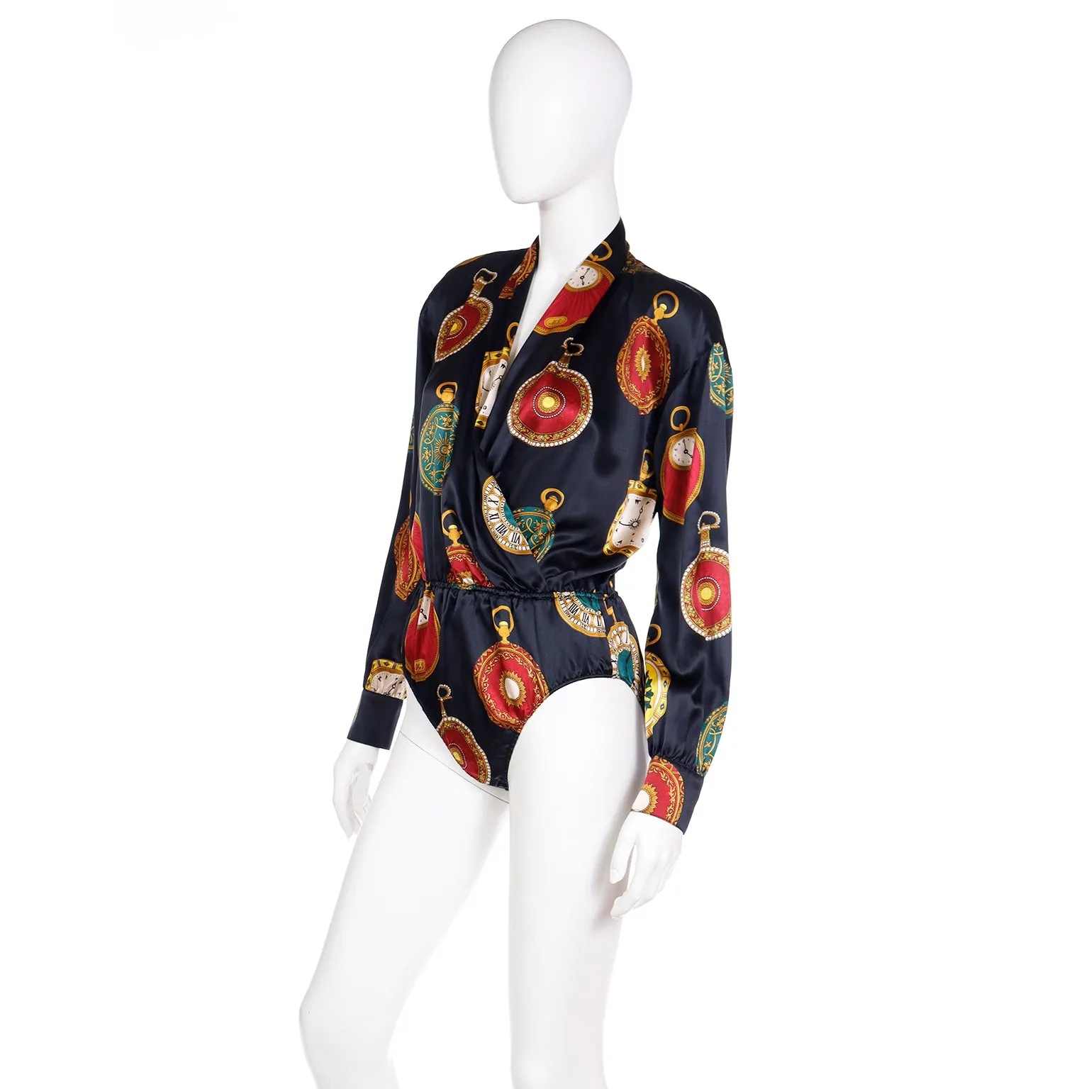 1980s Escada by Margaretha Ley Silk Pocket Watch Novelty Print Bodysuit Blouse