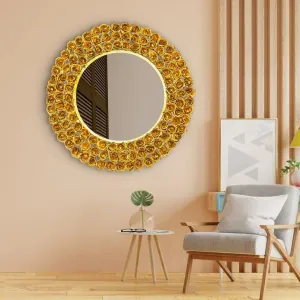 Artemade Iron Framed Decorative Wall Mounted Round Hanging Mirror Rose Flower Design Golden Modern Makeup Mirror for Home, Living Room, Hallway Mirror (28 Cm)