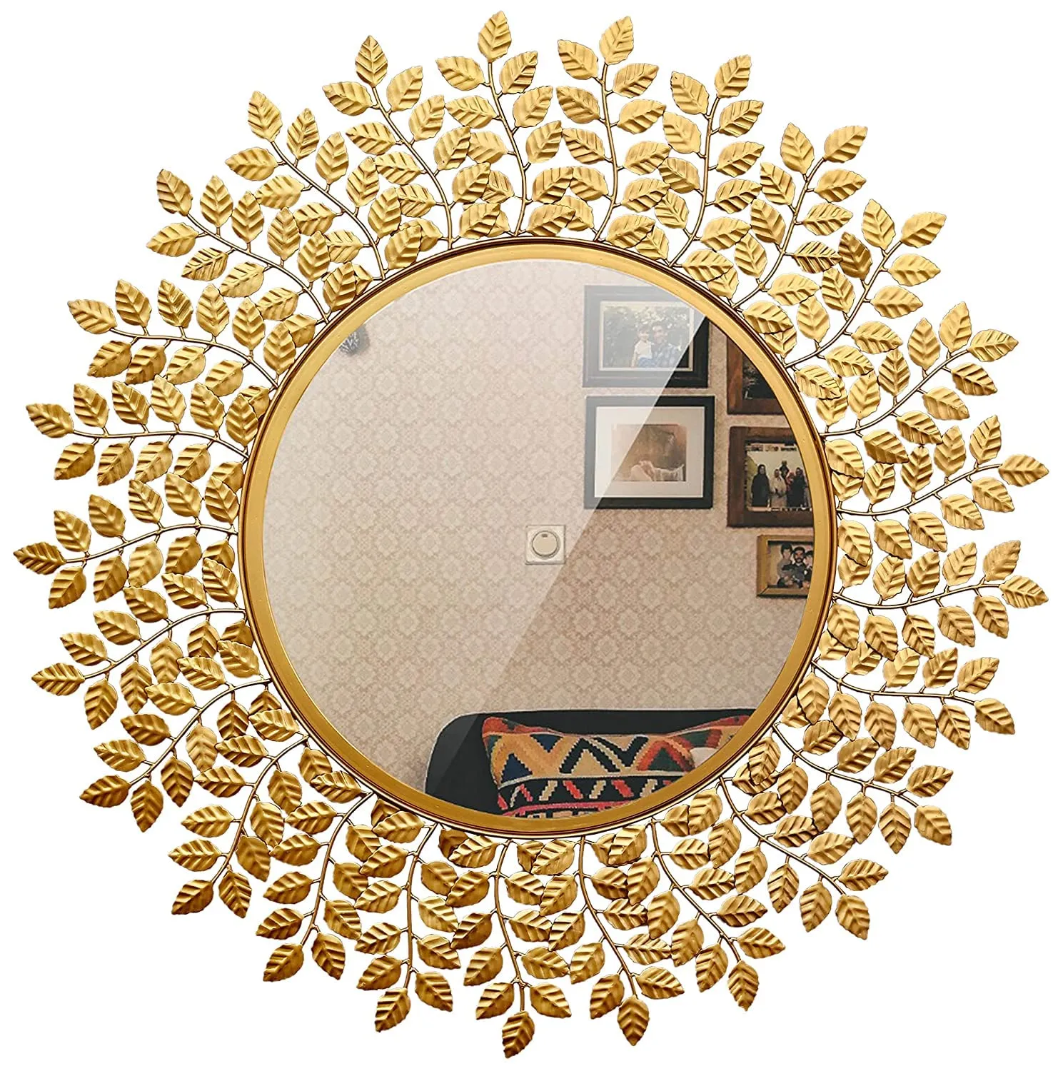 Artemade Iron Framed Decorative Wall Mounted Round Hanging Mirror Stems and Leaves Design Golden Modern Makeup Mirror for Bedroom Living Room Home Decor (60 Cm)