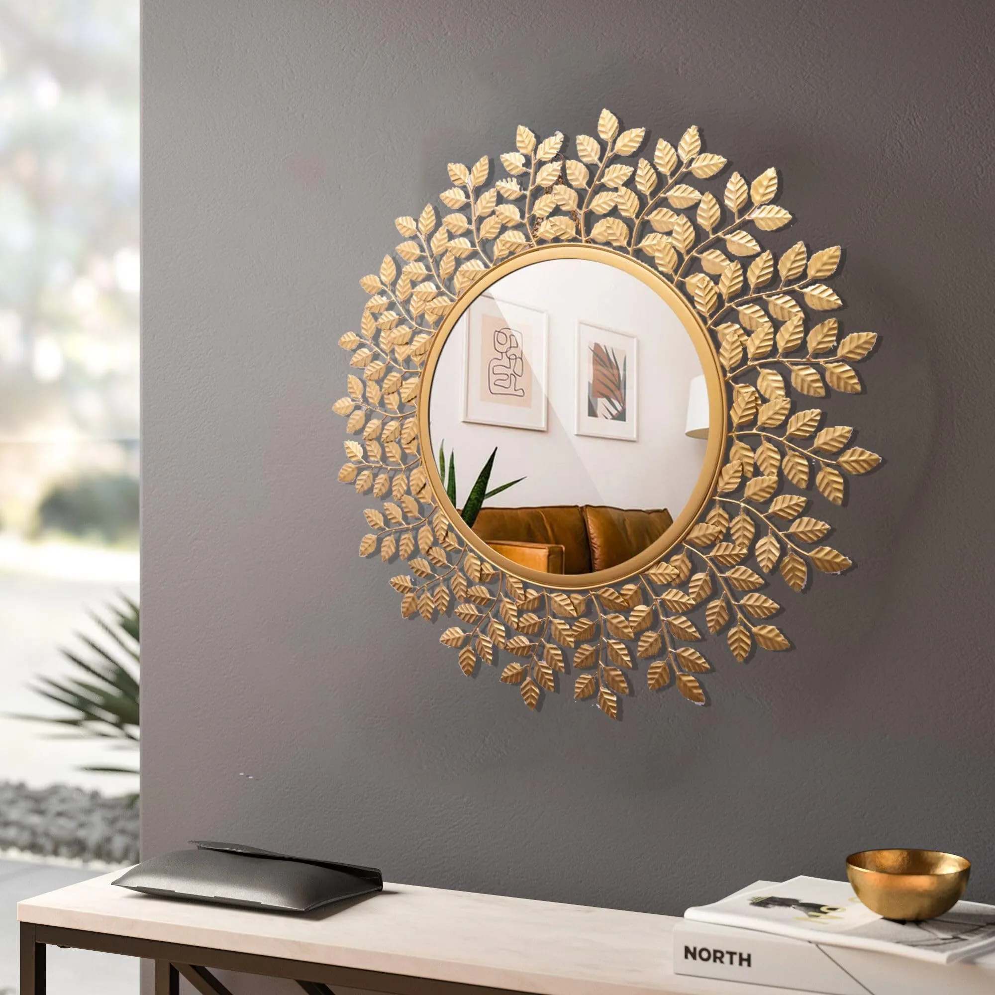 Artemade Iron Framed Decorative Wall Mounted Round Hanging Mirror Stems and Leaves Design Golden Modern Makeup Mirror for Living Room Home Decor (60 Cm)