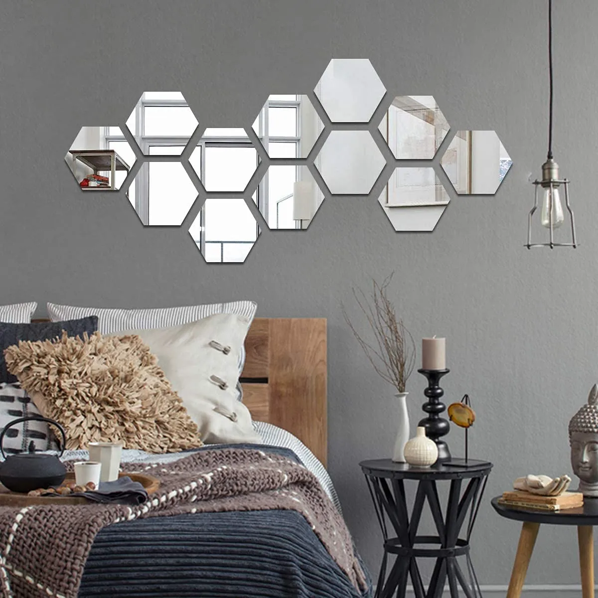 ARURA (LABEL) Hexagon Mirror Wall Sticker 12 PCs Removable Acrylic Mirror Wall Sticker Decal Honeycomb Mirror for Home Living Room Bedroom Decor