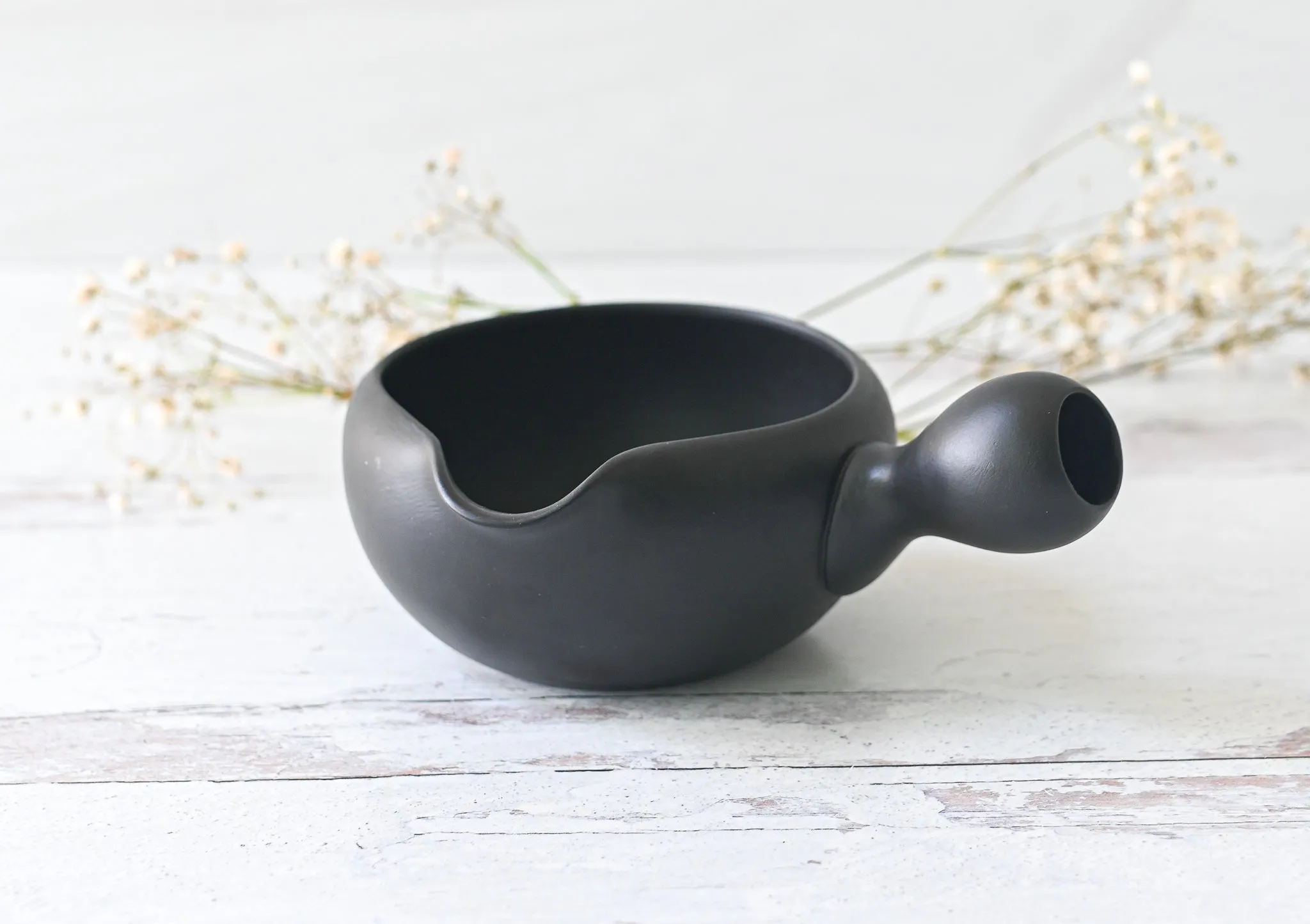 Black Flowers Matcha Bowl with Spout Set | Tea Ceremony