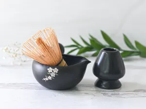 Black Flowers Matcha Bowl with Spout Set | Tea Ceremony