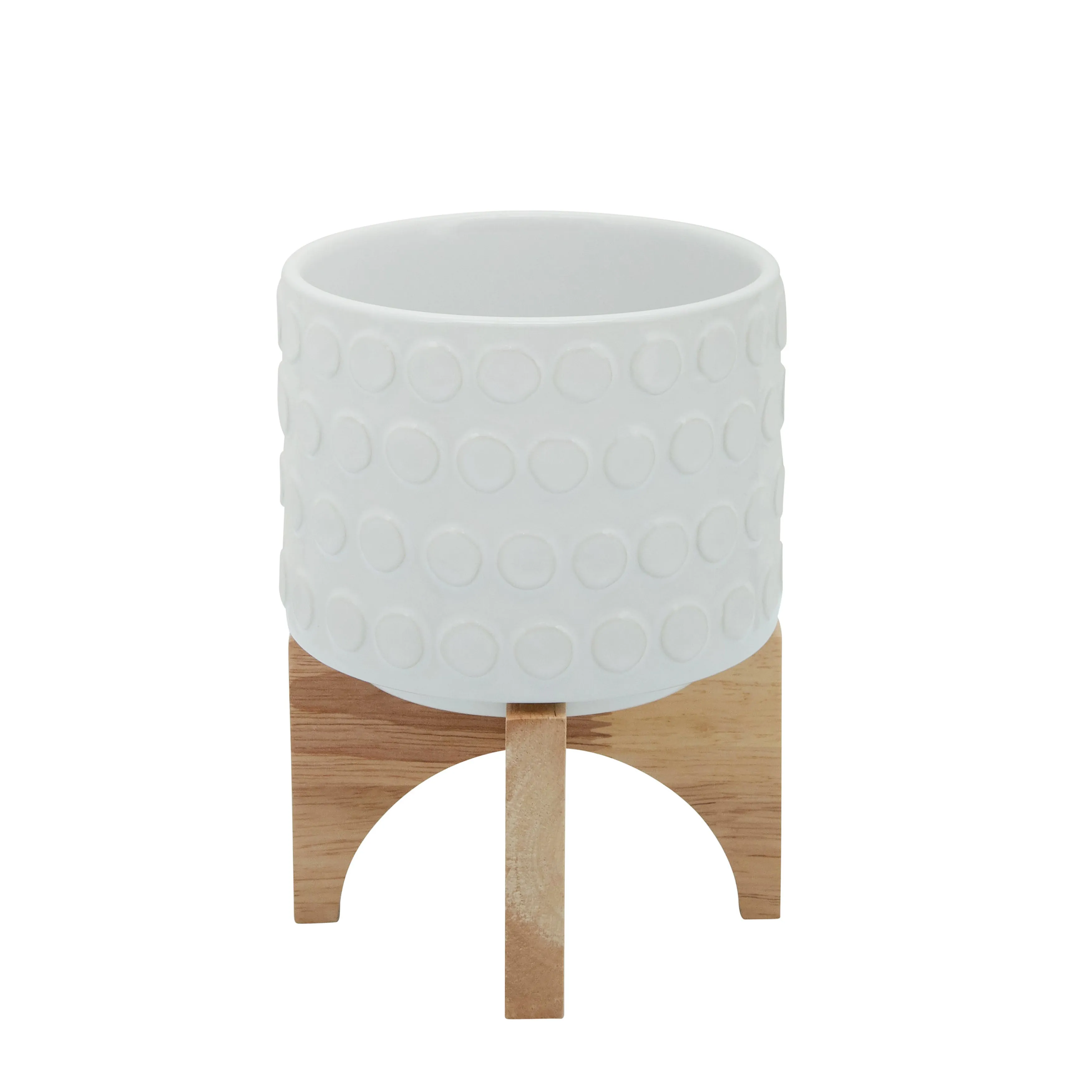 Ceramic 5" Planter On Wooden Stand, White