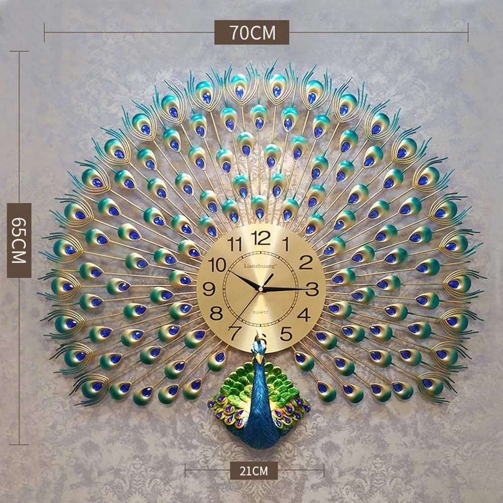 Clubx Home Decor Peacock Wall Clock, European Style Living Room Clock, Peacock Wall Clock 3D Diamonds Silent Metal Large Quartz Art Wall Decorative for Living Room Office Hotel Decor