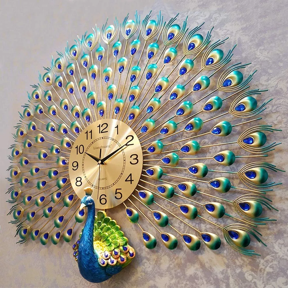 Clubx Home Decor Peacock Wall Clock, European Style Living Room Clock, Peacock Wall Clock 3D Diamonds Silent Metal Large Quartz Art Wall Decorative for Living Room Office Hotel Decor