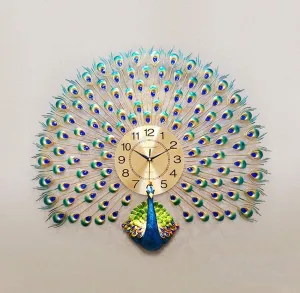 Clubx Home Decor Peacock Wall Clock, European Style Living Room Clock, Peacock Wall Clock 3D Diamonds Silent Metal Large Quartz Art Wall Decorative for Living Room Office Hotel Decor