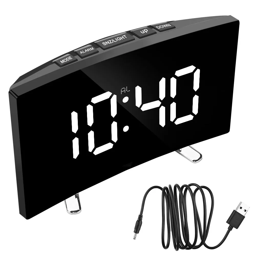 Digital Table Clock Electronic 7 Inch Number Desktop Alarm Clocks For Kids Bedroom LED Screen Curved Dimmable Mirror