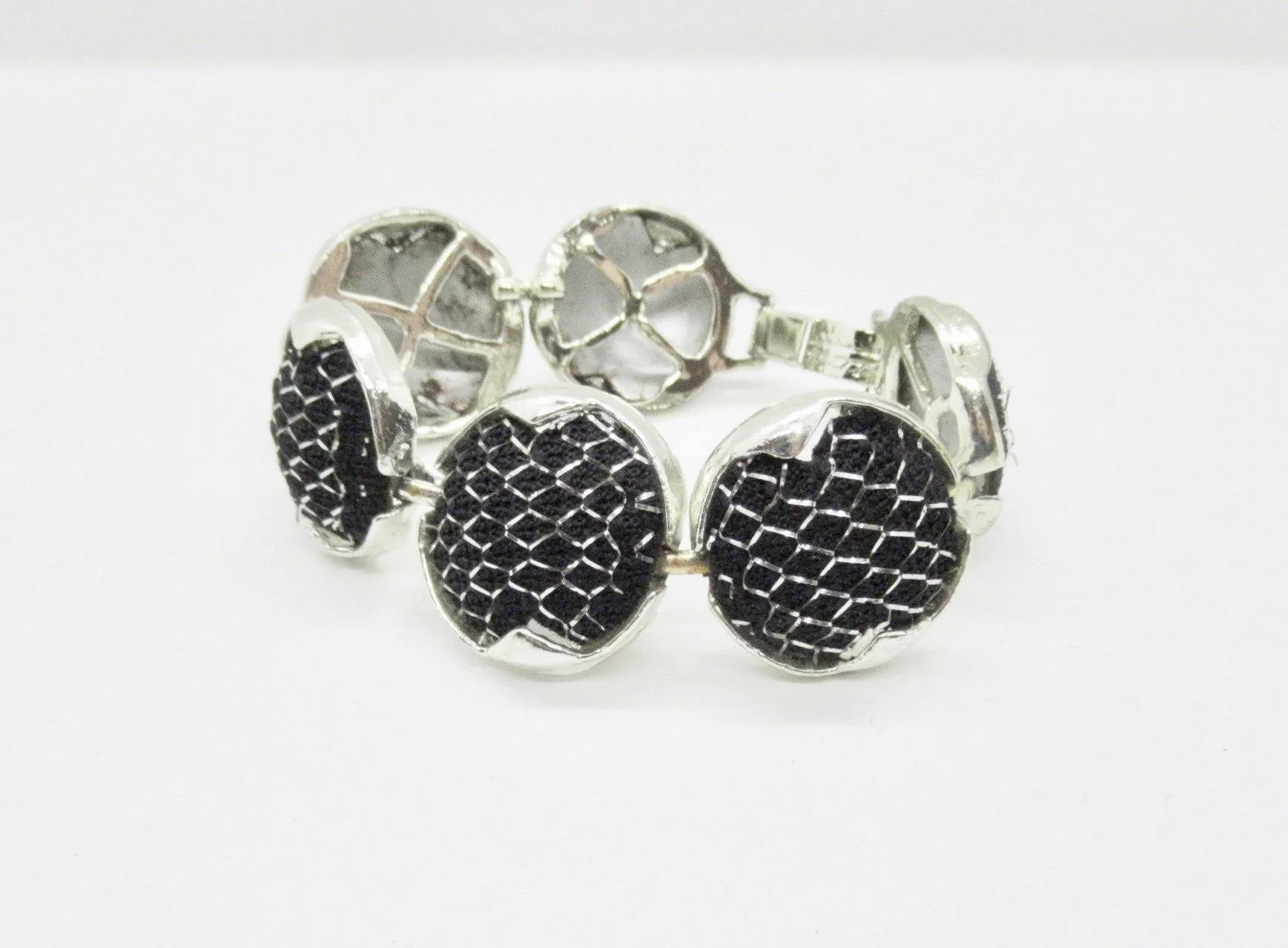 Dramatic Vintage Silver Mesh and Black Panels Bracelet