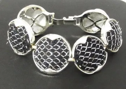 Dramatic Vintage Silver Mesh and Black Panels Bracelet