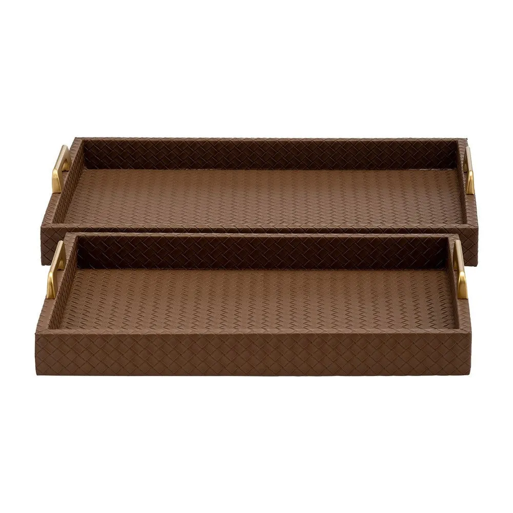 Eli 16, 18 Inch Set of 2 Trays, Stitched, Gold Handles, Brown Faux Leather By Casagear Home