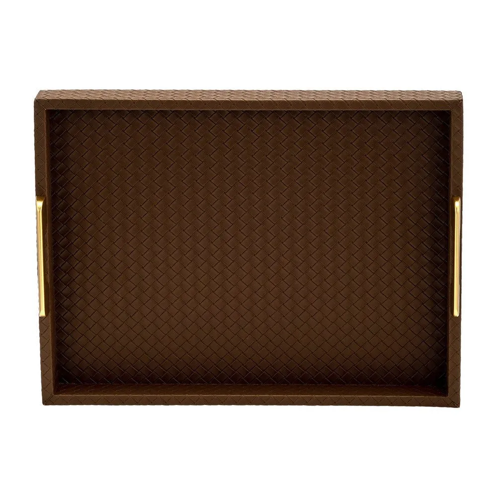 Eli 16, 18 Inch Set of 2 Trays, Stitched, Gold Handles, Brown Faux Leather By Casagear Home