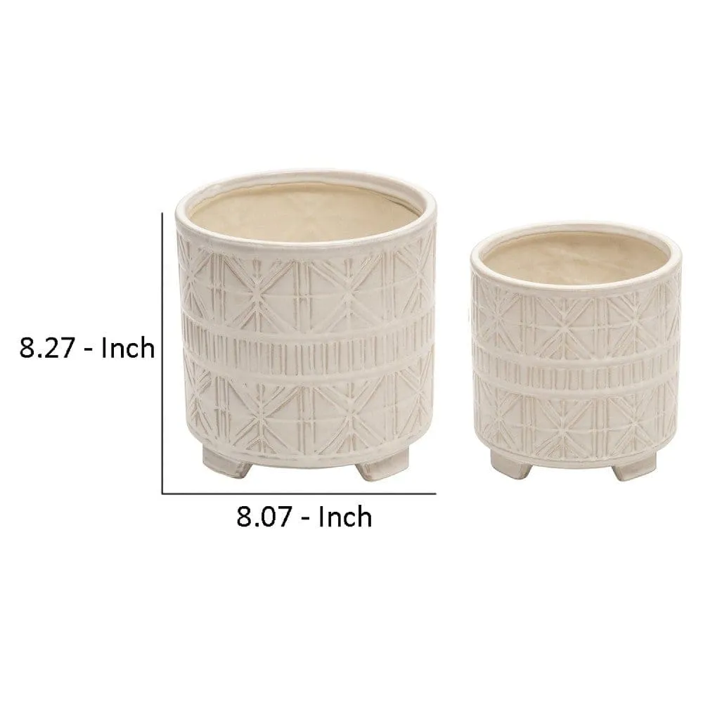 Footed Planter with Ceramic and Geometric Pattern, Set of 2, Beige By Casagear Home