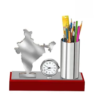 GABA Time Decorative Pen Stand with Indian map and Analog Table Clock for Office and Home décor