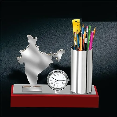 GABA Time Decorative Pen Stand with Indian map and Analog Table Clock for Office and Home décor