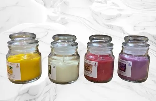 Glowup Candle | Classic Jar Scented Candles with Levender and, Lemon, Cinnamon Stick, Mogra. (Pack of 4) with Four Fragrances