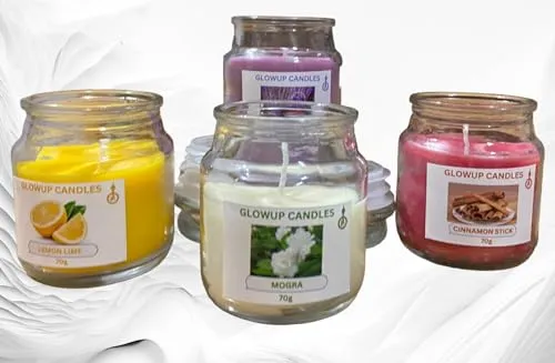 Glowup Candle | Classic Jar Scented Candles with Levender and, Lemon, Cinnamon Stick, Mogra. (Pack of 4) with Four Fragrances