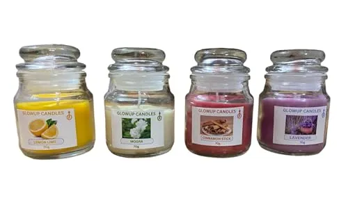 Glowup Candle | Classic Jar Scented Candles with Levender and, Lemon, Cinnamon Stick, Mogra. (Pack of 4) with Four Fragrances