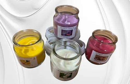 Glowup Candle | Classic Jar Scented Candles with Levender and, Lemon, Cinnamon Stick, Mogra. (Pack of 4) with Four Fragrances