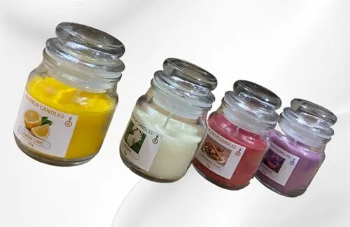 Glowup Candle | Classic Jar Scented Candles with Levender and, Lemon, Cinnamon Stick, Mogra. (Pack of 4) with Four Fragrances