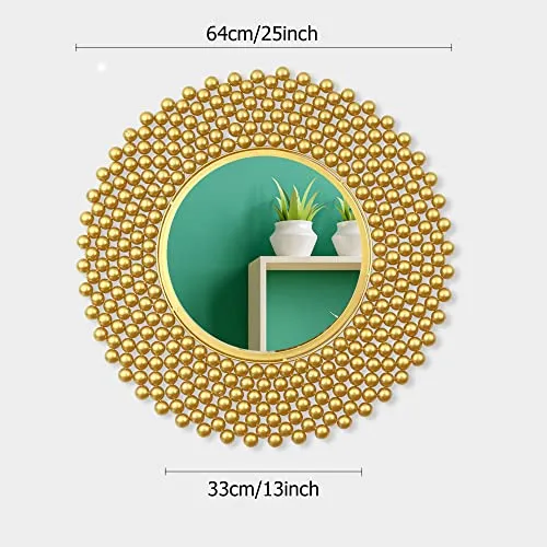 Gold Mirror with Pearl Beads, 50 cm Diameter, Green Wall Decor