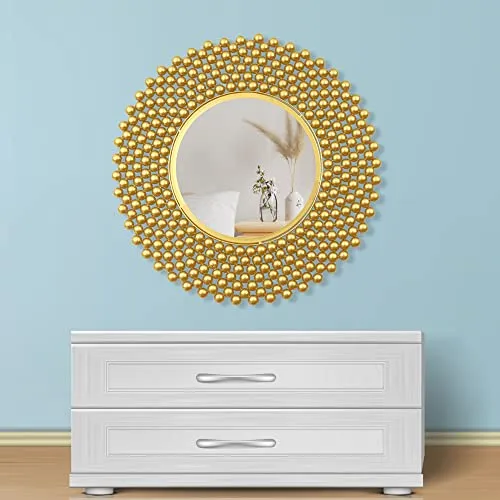 Gold Mirror with Pearl Beads, 50 cm Diameter, Green Wall Decor