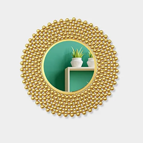 Gold Mirror with Pearl Beads, 50 cm Diameter, Green Wall Decor