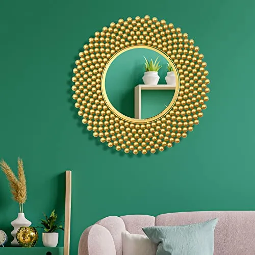 Gold Mirror with Pearl Beads, 50 cm Diameter, Green Wall Decor