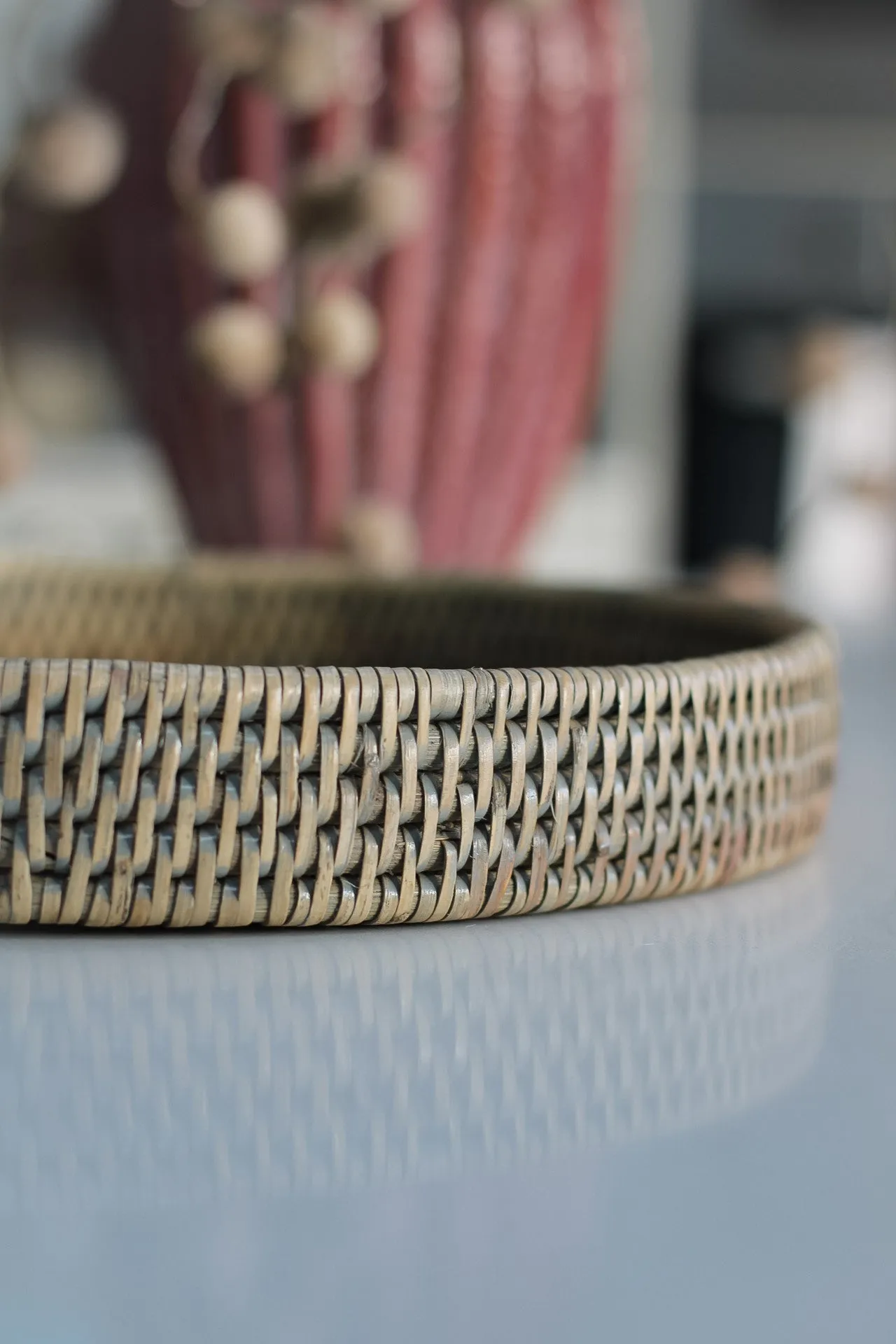 Grey Washed Round Rattan Tray with Glass Top