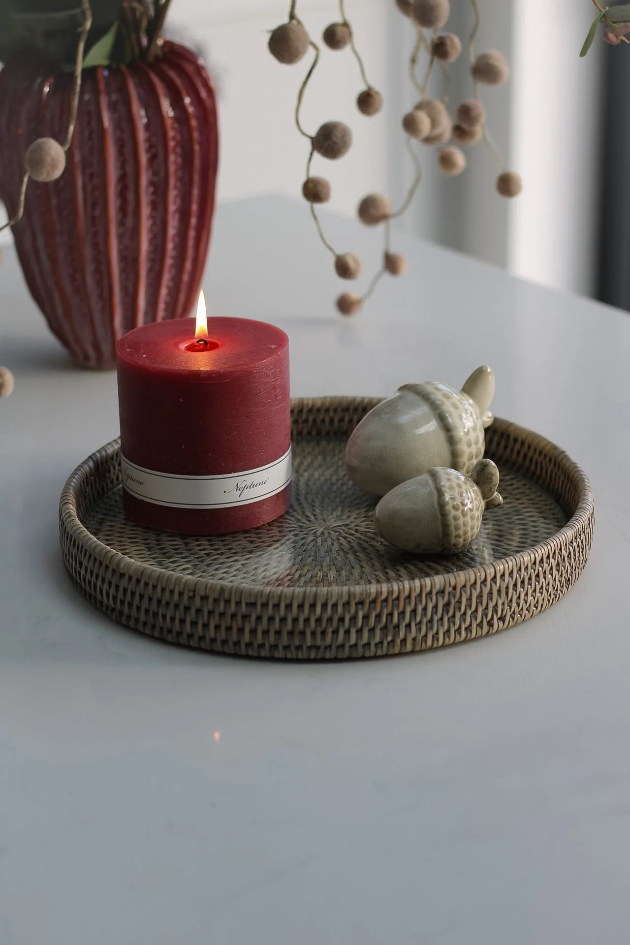 Grey Washed Round Rattan Tray with Glass Top