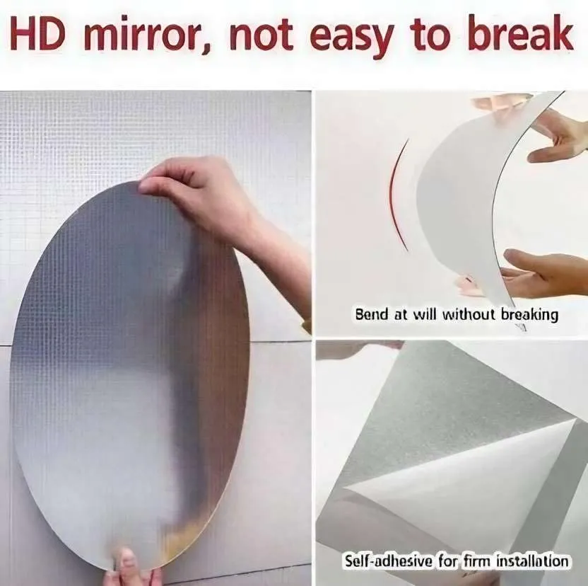 IRQA Oval Shape Adhesive Mirror Sticker for Wall on Tiles Bathroom Bedroom Living Room Basin Mirror Bathroom Wall Mirror Stickers Unbreakable Plastic Vanity Mirror, Makeup Mirror (Style_49