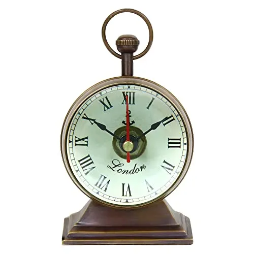 KAPLAR - Handmade Antique Brass Table Top Clock   Compass Clock Rounded Shape Bold Number London Style Home Office Study Living Room Decor Gift (Table Clock 5 Inch)