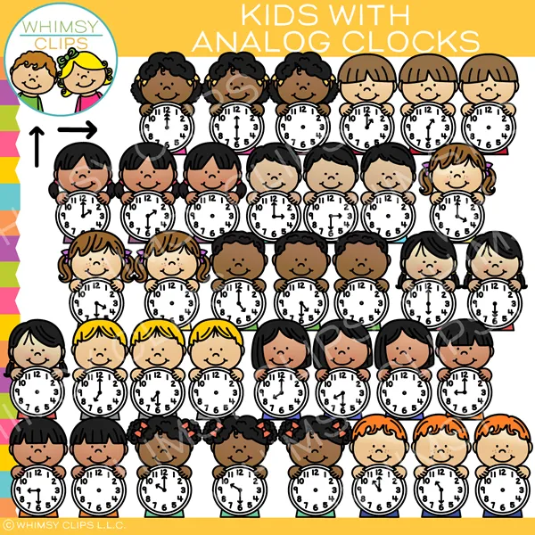 Kids with Analog Clocks Clip Art