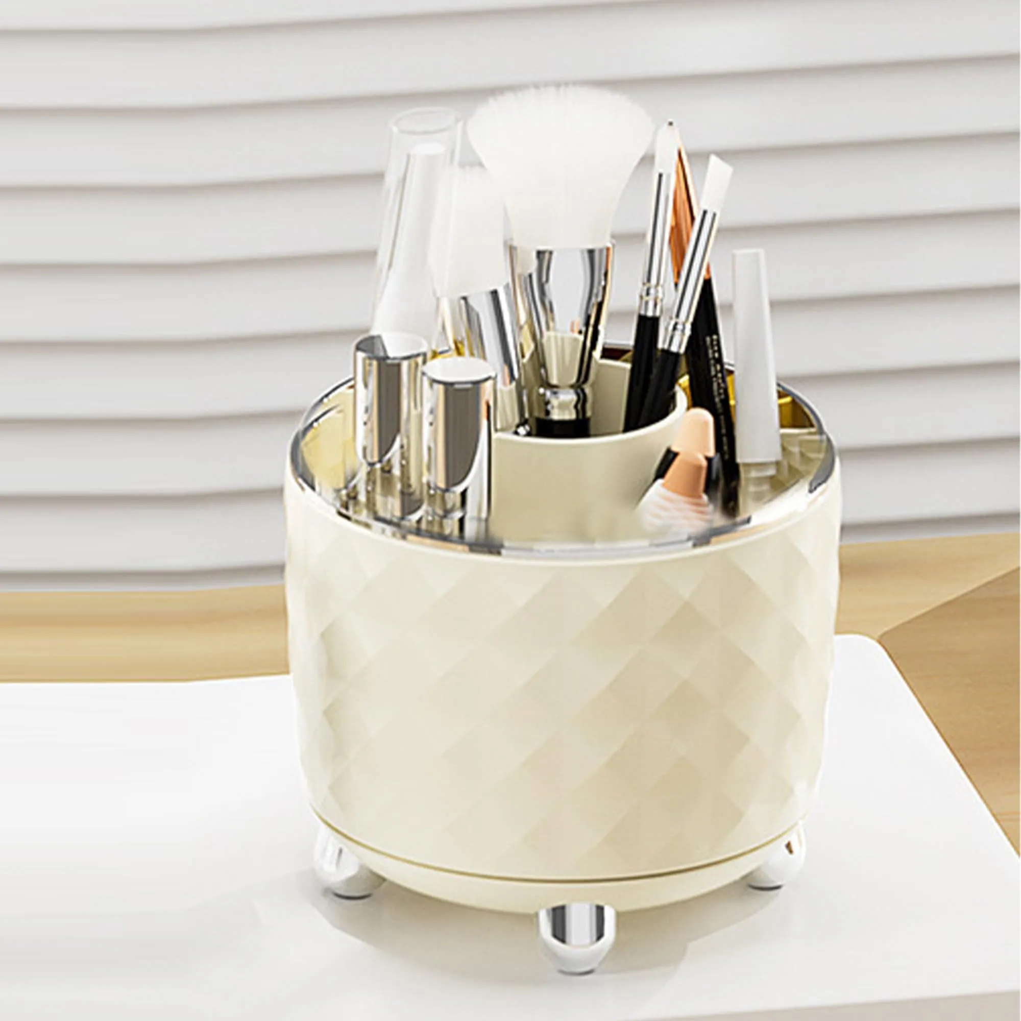 Kuber Industries Pack of 2 Multipurpose Storage Holder | Decorative Crystal Finish Stylish Look | Makeup Brush Holder | Desk Storage Container | YM.6698CS | Cream Silver