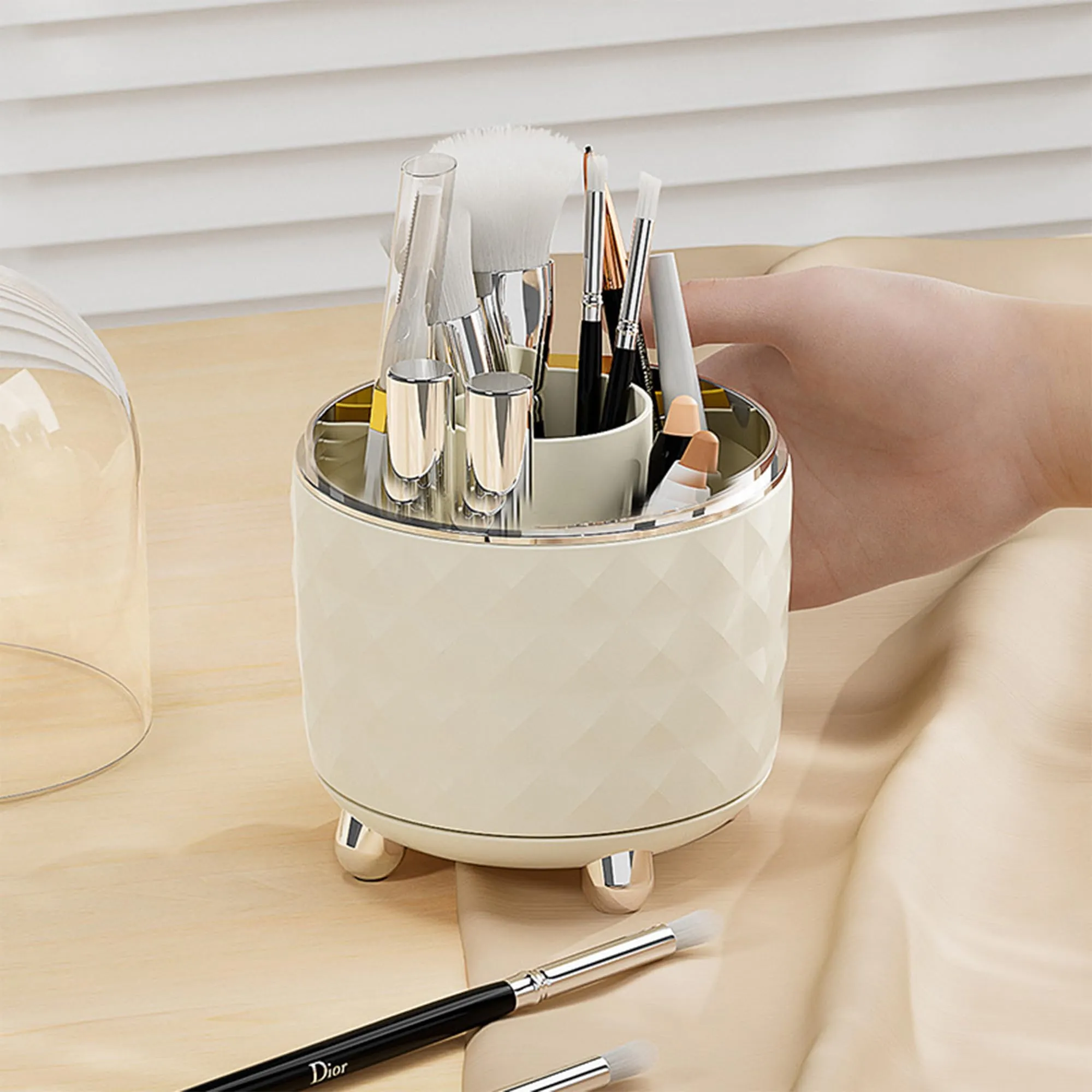 Kuber Industries Pack of 2 Multipurpose Storage Holder | Decorative Crystal Finish Stylish Look | Makeup Brush Holder | Desk Storage Container | YM.6698CS | Cream Silver