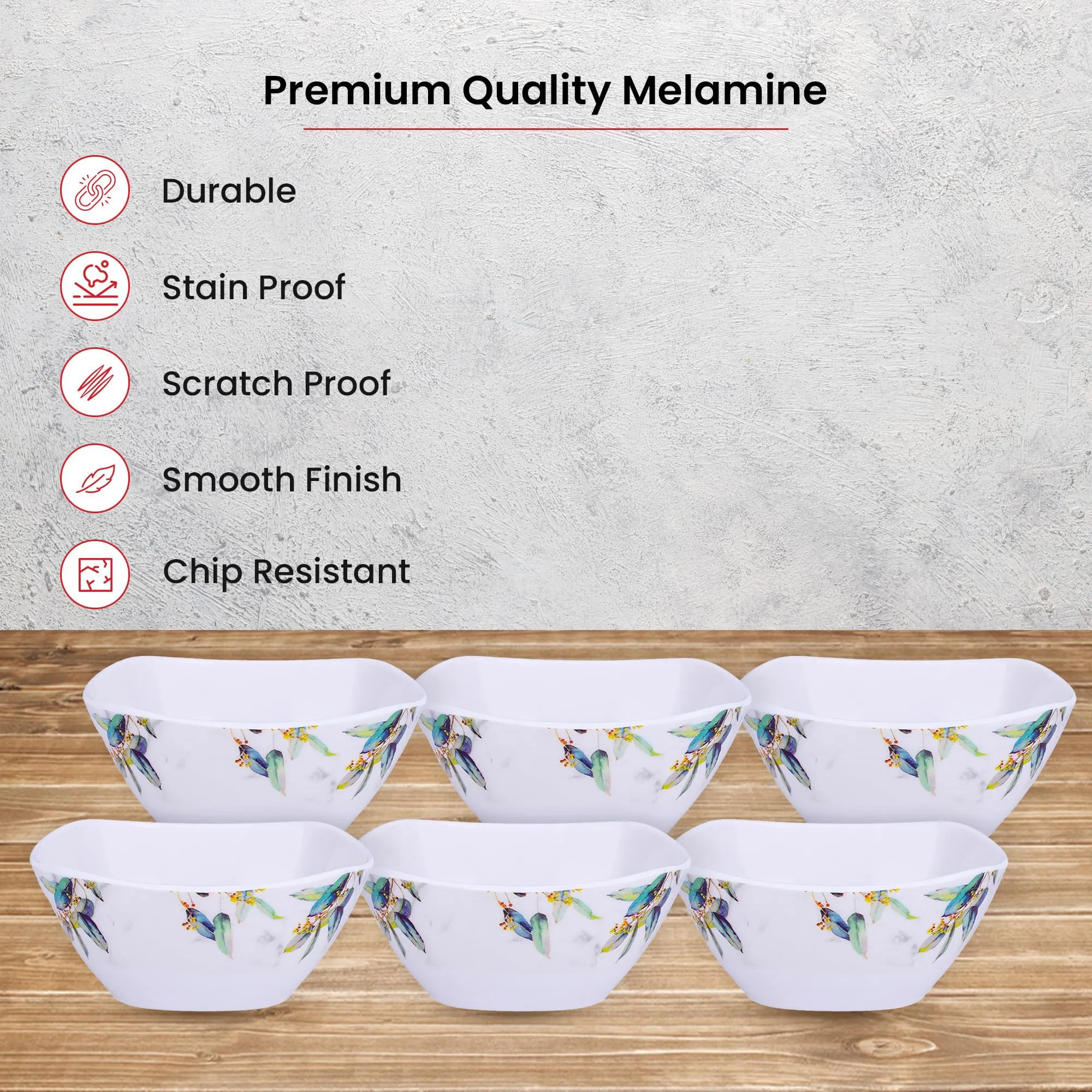 Kuber Industries Shatter Resistant Melamine White Bowls Set of 6 | Lightweight, BPA Free Aesthetic Bowl Set | Blue Print - White