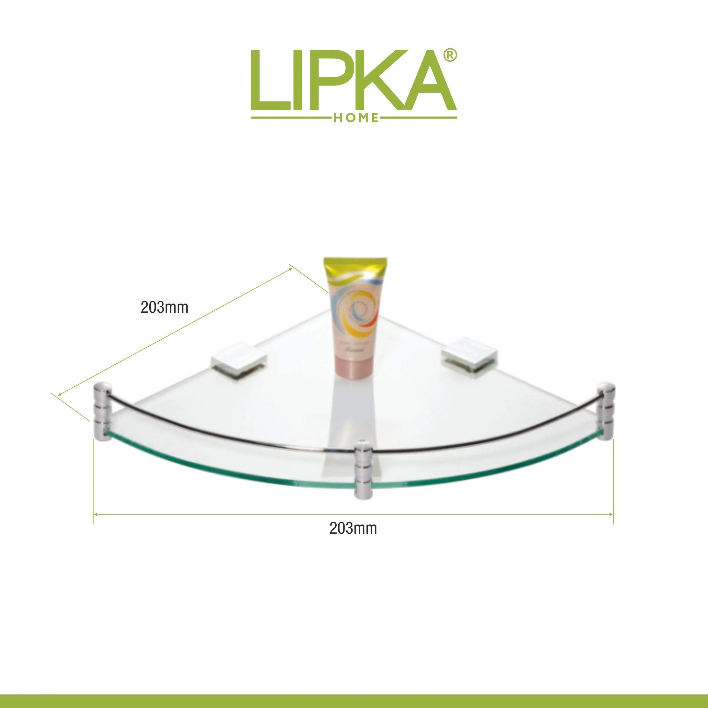 Lipka Toughened Glass Corner Round with Brass Fitted Brackets (8x8 Inches)