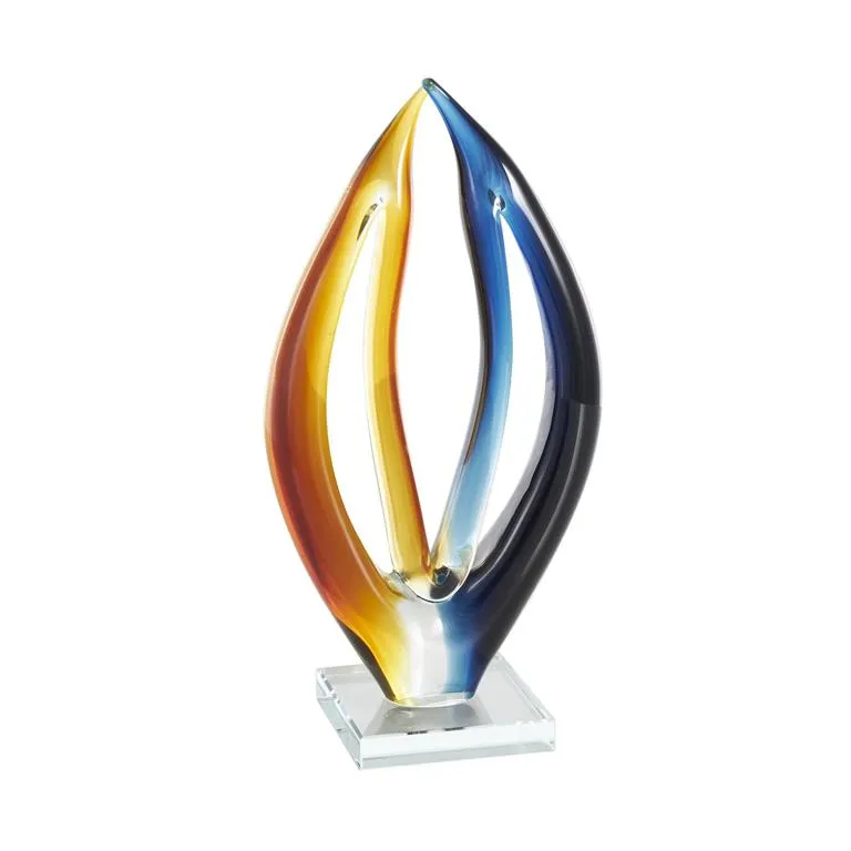 Multi Colored Glass Abstract Curved Cutout Sculpture with Clear Base - 7" X 4" X 13"