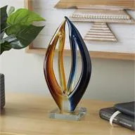 Multi Colored Glass Abstract Curved Cutout Sculpture with Clear Base - 7" X 4" X 13"