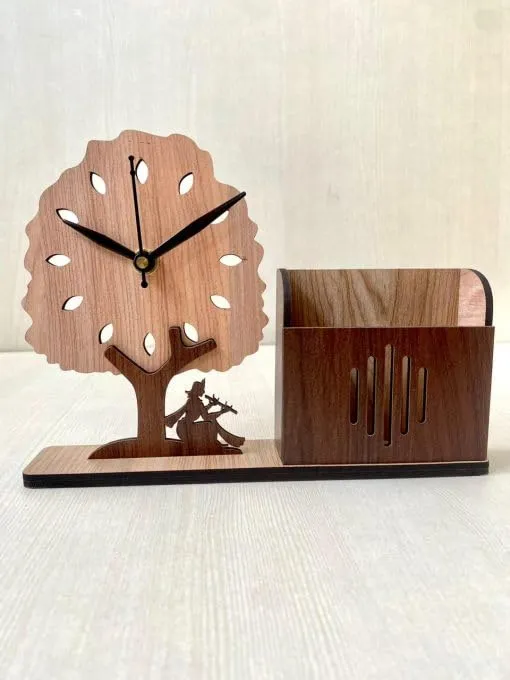 MYESHOP Retail® Fancy Looking Wooden Table Clock & Holder with Tree Design and Pen Holder.