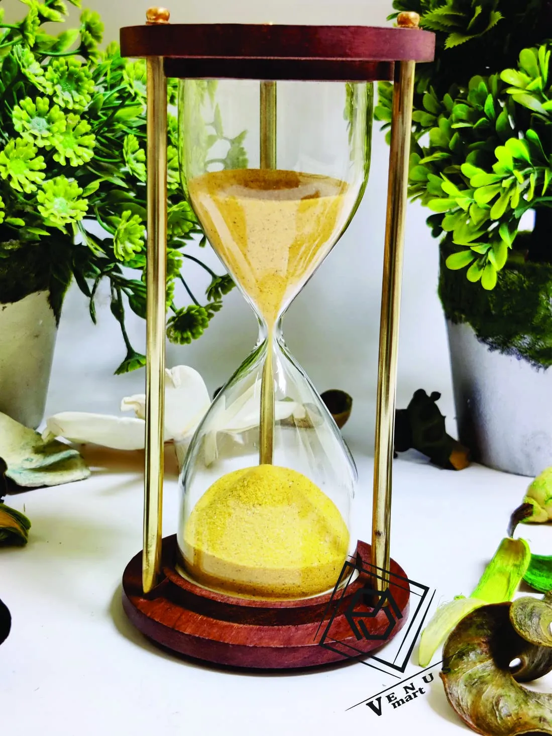 NORVILLE™ Wooden and Brass Sand Timer Hour Glass Sandglass Clock Ideal for Exercise Tea Making Antique Nautical Decor Theme Height 6 Inches 5 Minutes Sand Clock (Wooden Timer with Yellow Sand)