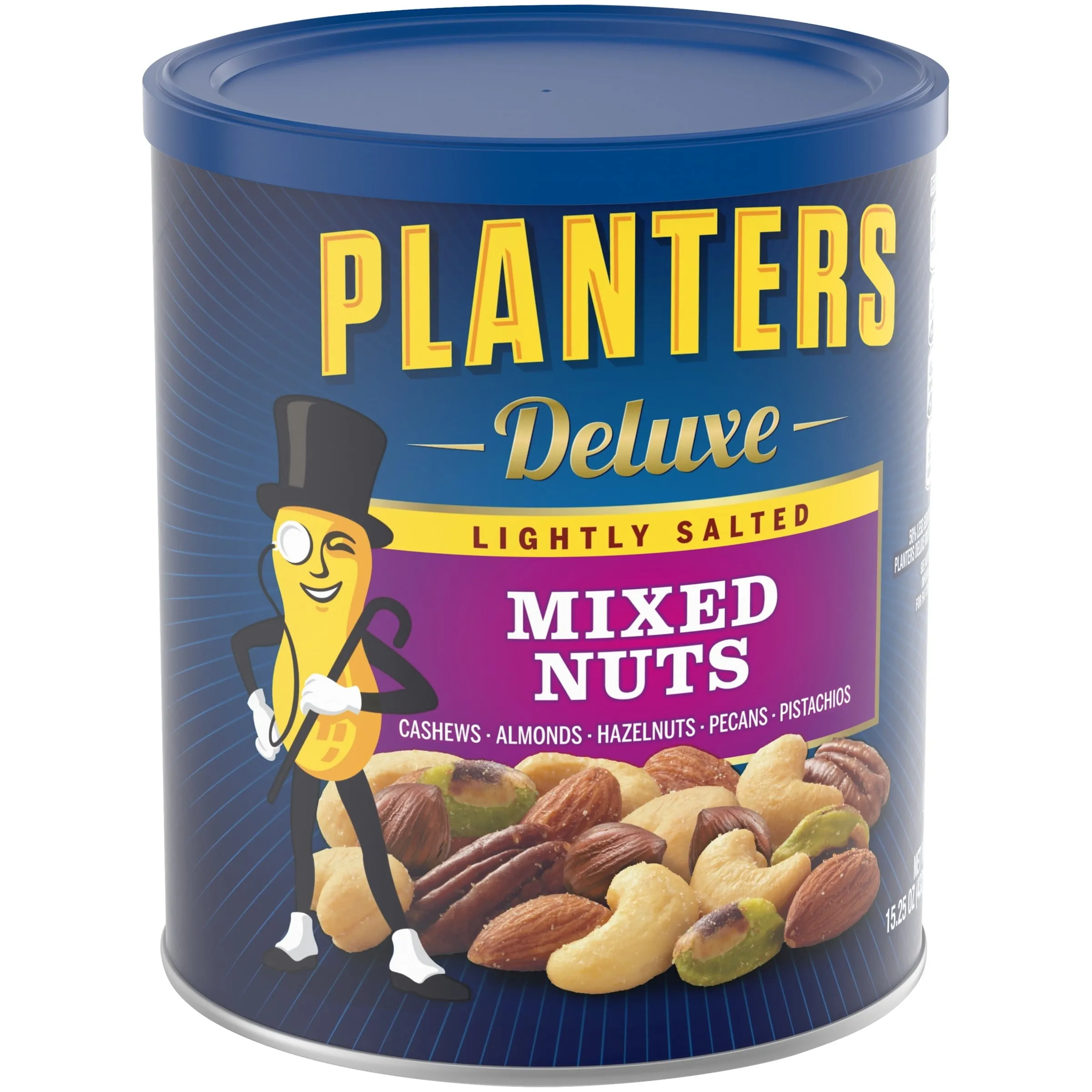 Planters Deluxe Lightly Salted Mixed Nuts with Cashews, Almonds, Hazelnuts, Pecans & Pistachios, 15.25 oz Canister