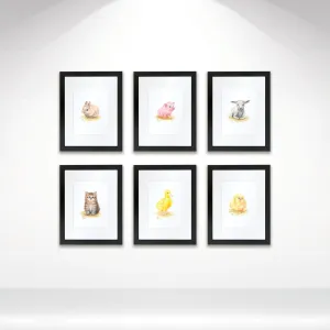 "Barnyard Littles" - Set of Six Framed Prints with Mat - Black - 18" x 24" - Multi-Color