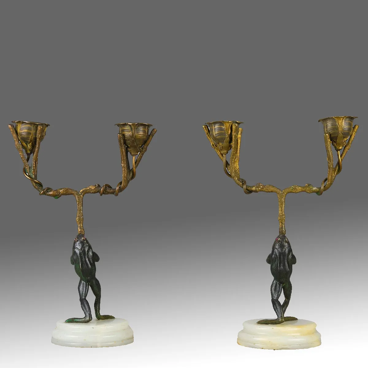 "Frog Candlesticks" French Bronze