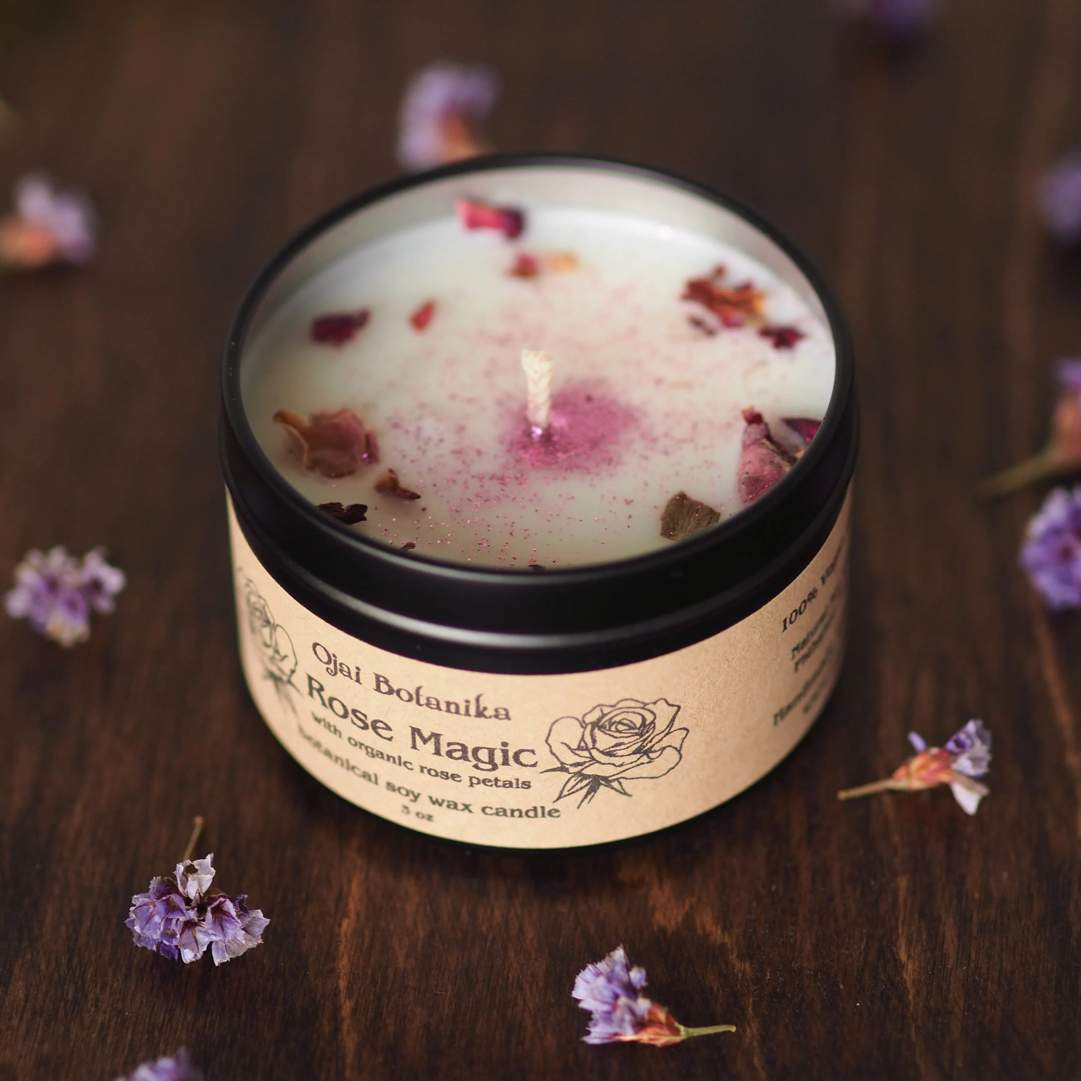 Rose Magic - Organic Rose Petals - Botanical Soy Candle