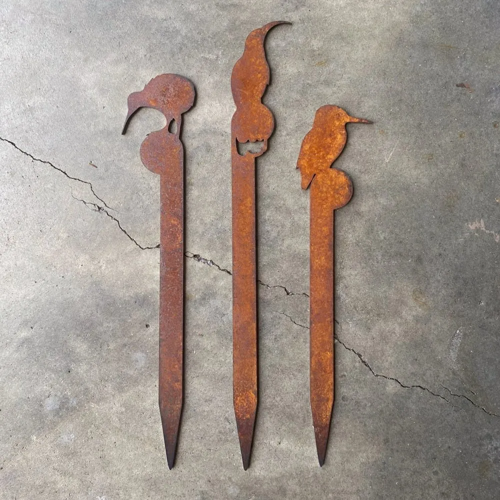 Set of 3 Mini Bird Plant Stakes Corten - huia, kiwi, kingfisher