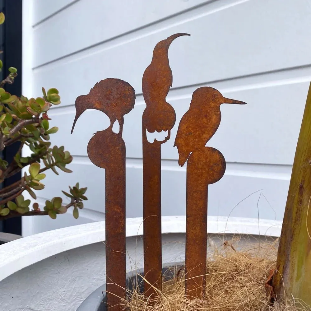 Set of 3 Mini Bird Plant Stakes Corten - huia, kiwi, kingfisher