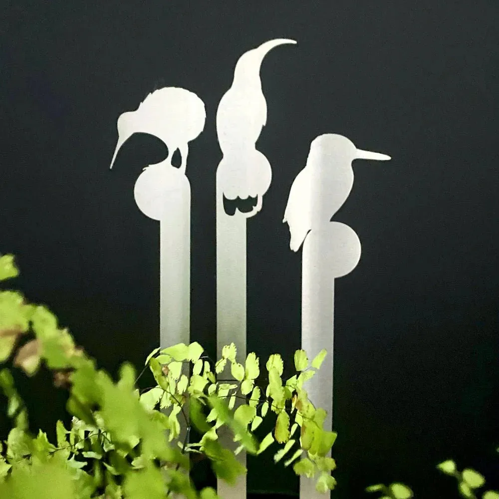 Set of 3 Mini Bird Plant Stakes Corten - huia, kiwi, kingfisher