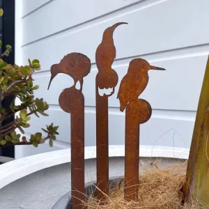 Set of 3 Mini Bird Plant Stakes Corten - huia, kiwi, kingfisher